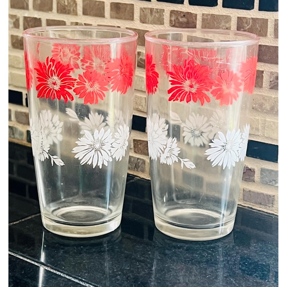 Vintage Hazel‎ Atlas Red and White Flower Print Glasses Juice Cups